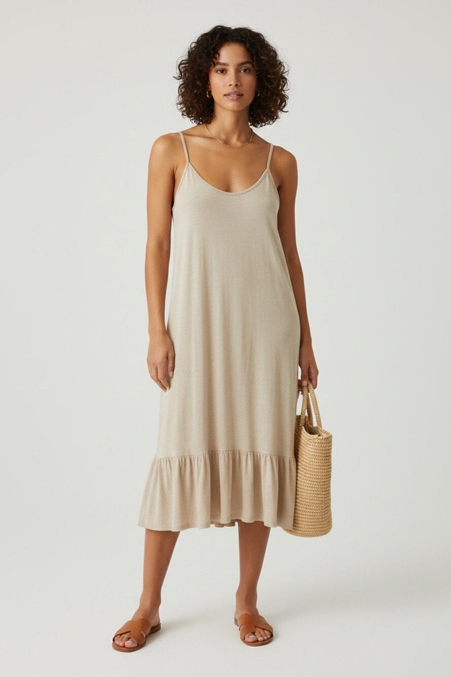 Made in Italy Linen Blend Ruffle Hem Slip Dress Oatmeal Beige Coastal Boho M
